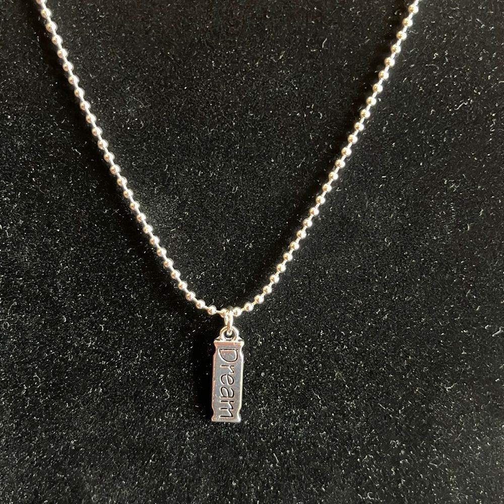 Handcrafted dream tag pendant on 20 inch silver tone ball chain